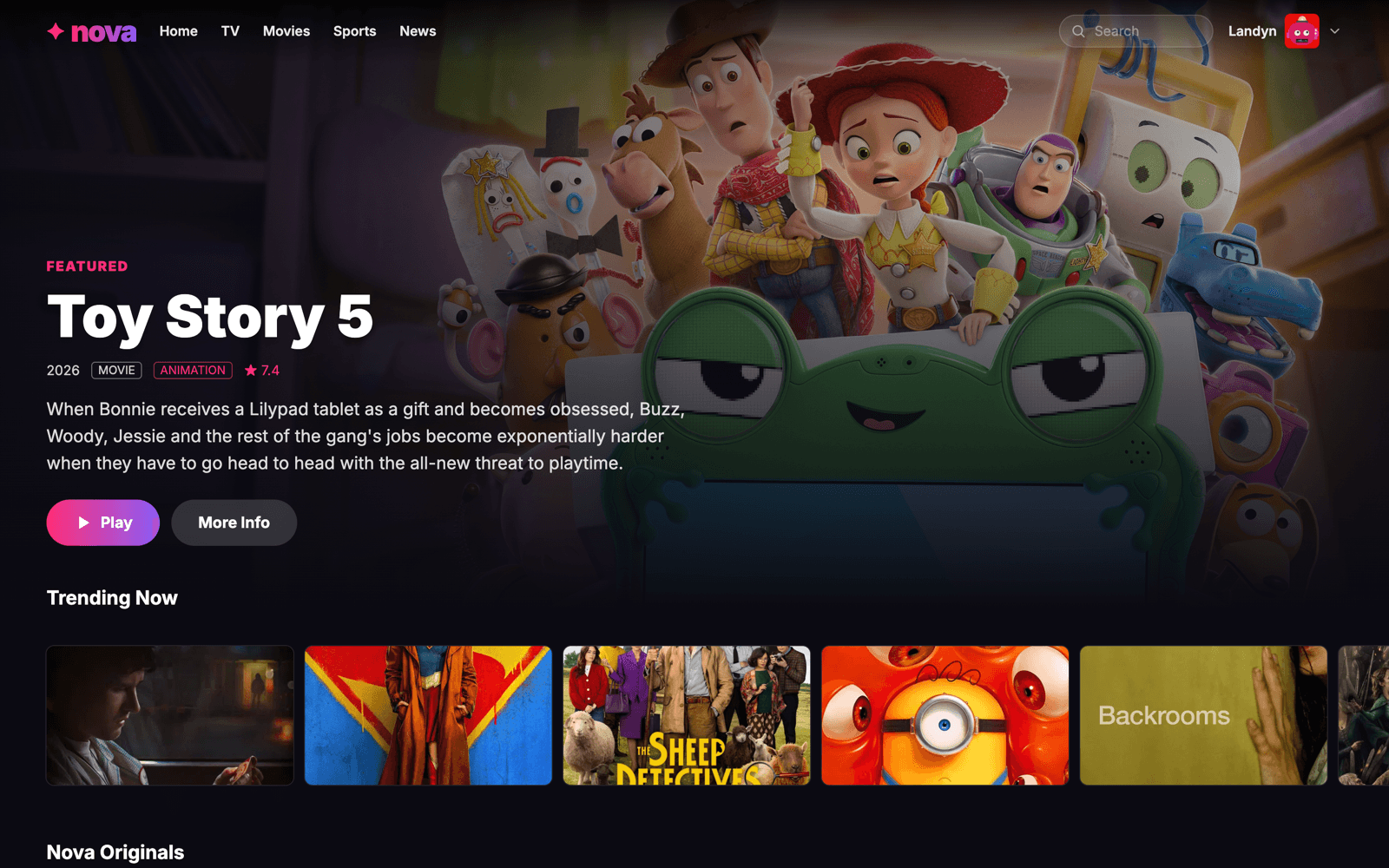 Nova streaming app home page