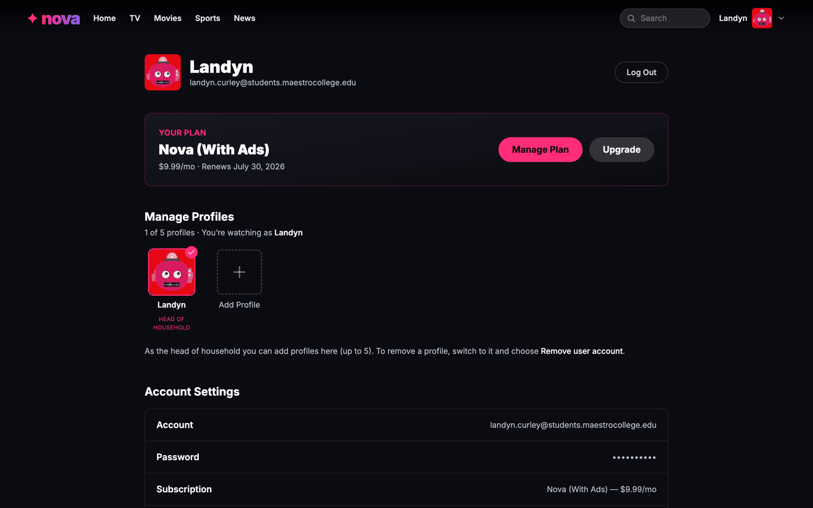 Nova movies account page